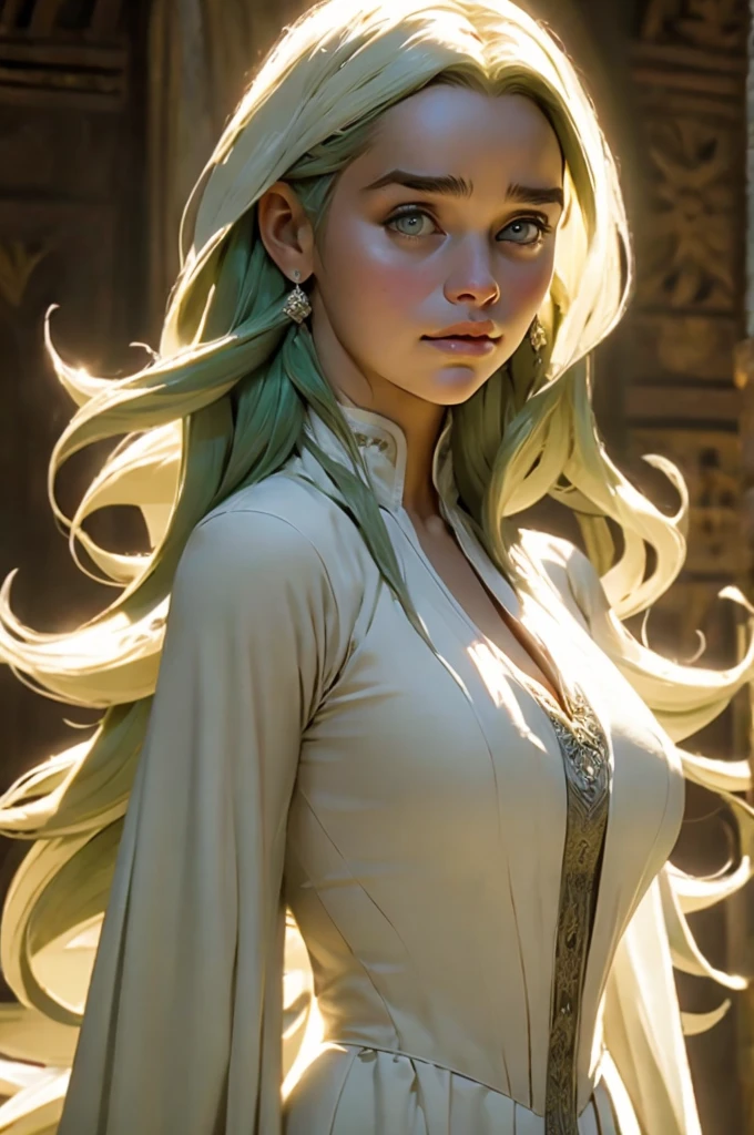 Emilia Clarke, pelo blanco, cabello largo y rizado. gargantilla. grandes senos. caderas gigantescas. pechos enormes, flecha verde serie tv