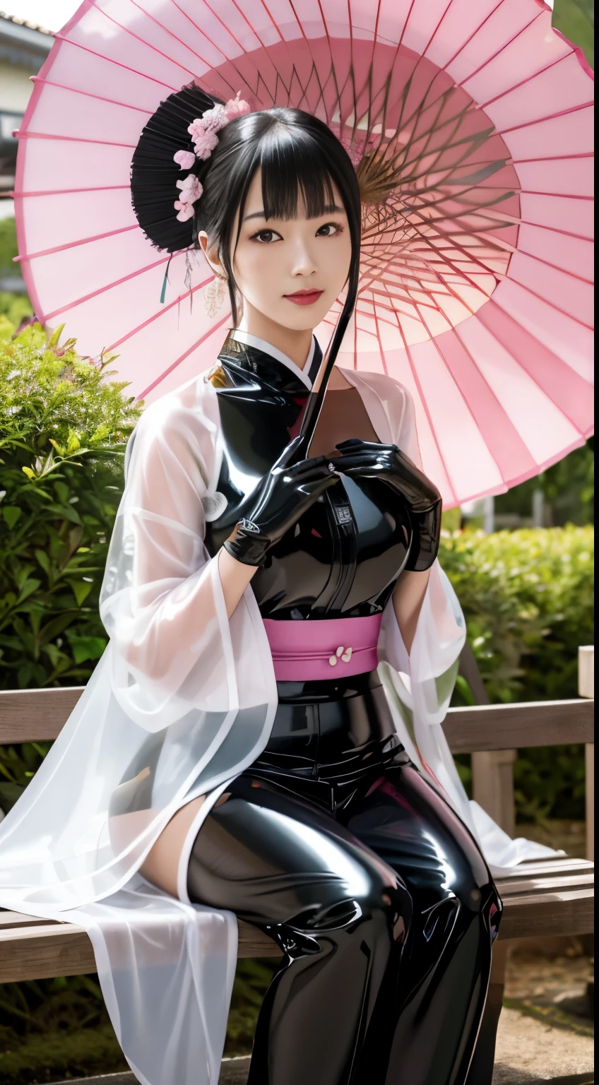 (masutepiece:1.0), (Best Quality:1.4), (A high resolution:1.2), (Photorealistic:1.4), (8K, Raw photo:1.2), (Soft Focus:1.4),There are women wearing a latex FURISODE who is sitting on bench and taking pictures............................................................., full body Esbian, She is wearing a colorful latex FURISODE, She is wearing a slime FURISODE, Slime skin,FURISODE transparent, smooth tight FURISODE,open,latex kimono,, translucent skin,Latex, Translucent body, (Translucent japanese kimono:1.2),latex shiny,(latex gloves:1.2), The perfect FURISODE ,bob hair,glossy shiny reflective,natural make up,goddess of Japan, Glossy skin,gorgeous japanese model,Tecateca,shiny,Slimy,(black Glossy boots),In the crowded garden,Smile ,close up