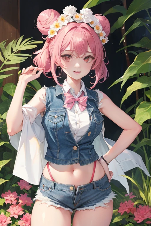 tmasterpiece、Need、1 female student、White cloth bun bun bun、Shoulder leakage、The chest is large、chubbiness、ssmile、upper legs，pale pink lip、posing at school，legs are open， 独奏,denim short， denim vest，looking at viewert,  (upper legs粗:1.0),Yazawa Nico,red eyes, face flushed,Blunt hair,both hands on hip，Wide buttock，greet，Flower headdress，