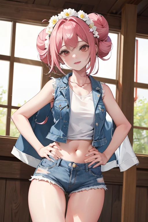 tmasterpiece、Need、1 female student、White cloth bun bun bun、Shoulder leakage、The chest is large、chubbiness、ssmile、upper legs,pale pink lip、posing at school,legs are open, 独奏,denim short, denim vest,looking at viewert, (upper legs粗:1.0),Yazawa Nico,red eyes, face flushed,Blunt hair,both hands on hip,Wide buttock,greet,Flower headdress,