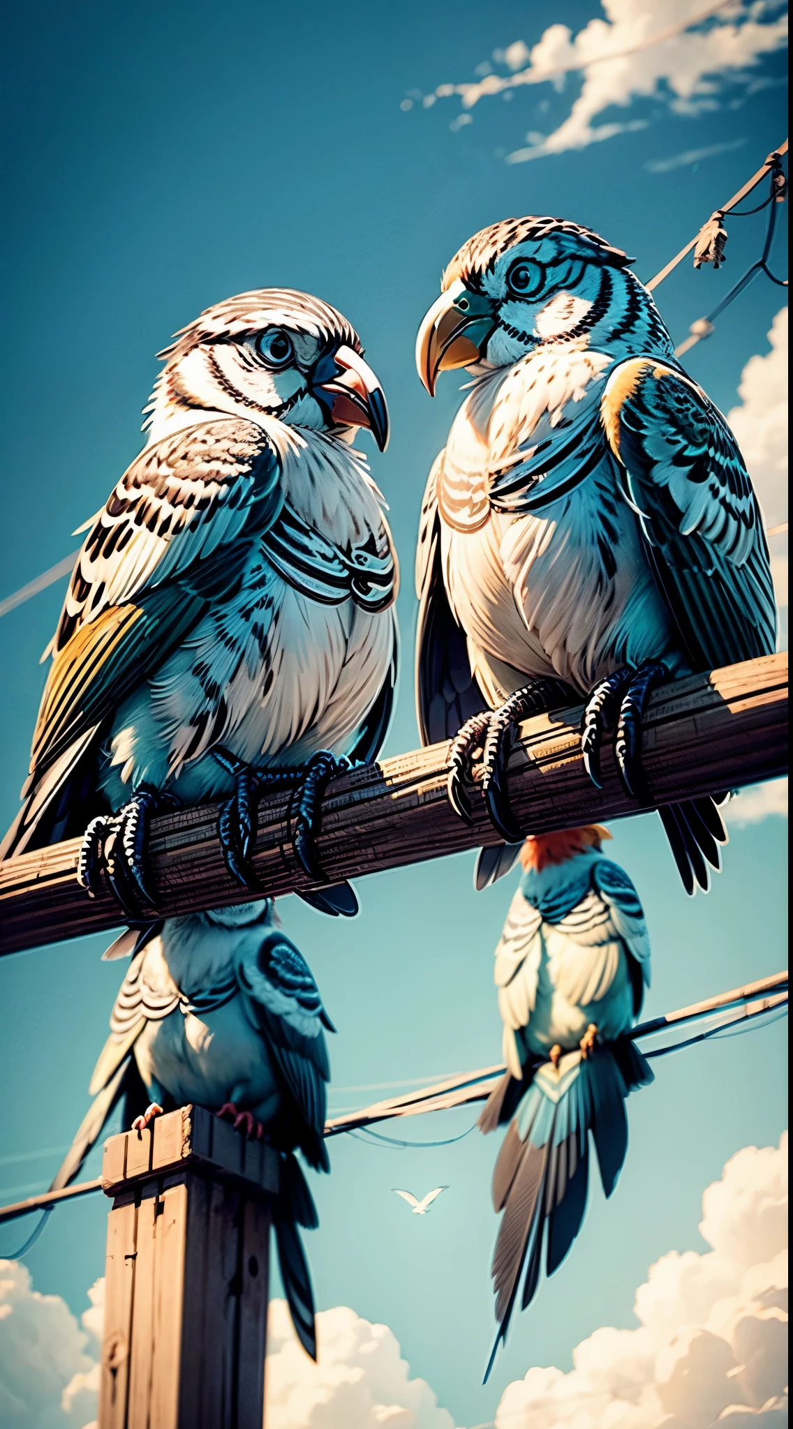 A scene where (((birds))) are gathered together, enjoying a moment of relaxation, perched on a (power line) with its (intertwining lines) providing a contrasting backdrop against a (sunny sky)