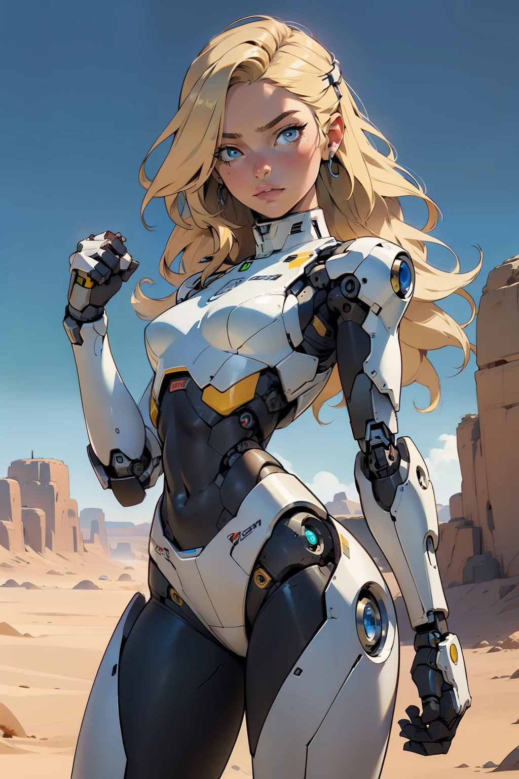 high quality, 4k, masterpiece, beautiful, cyborg girl, cowboy shot, dull eyes, looking at viewer, long blonde hair, girl, small breasts, fit thigh, robotic arms, robotic body, cyborg body, yellow accent, intricate detail, joint, detailed lines, robotic detail, holding fist up, holding hand up as fist, color robotic parts, robotic parts with color, perfect fingers, on a desert planet, sunny background, colorful desert,
