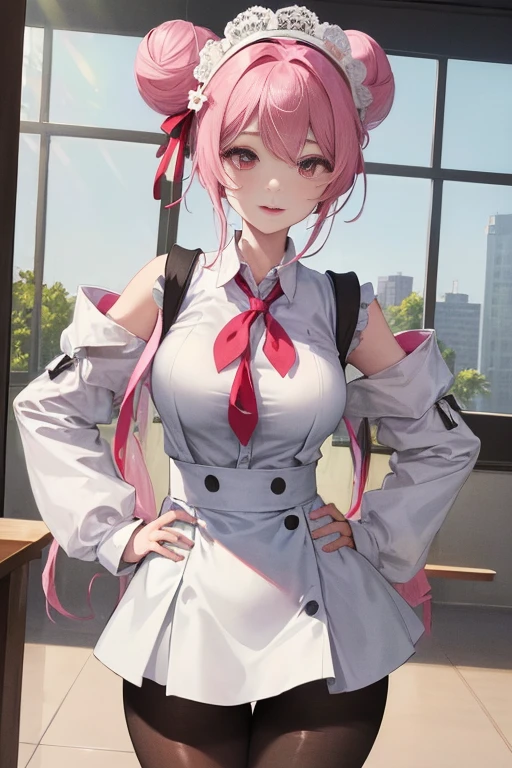 tmasterpiece、Need、1 female student、White cloth bun bun bun、Shoulder leakage、The chest is large、chubbiness、ssmile、Black suspender tights、lace leggings、pale pink lip、posing at school,legs are open, 独奏,Denim dress looking at the viewer, (Thigh thick:1.0),Yazawa Nico,red eyes, face flushed,Blunt hair,both hands on hip,greet,Flower headdress,Large scissors