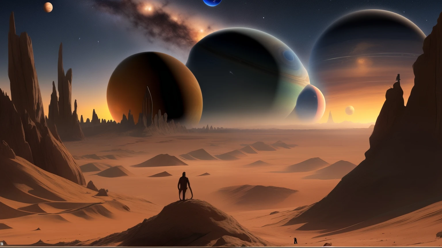 A man standing on an empty planet，Watch the planets in the universe