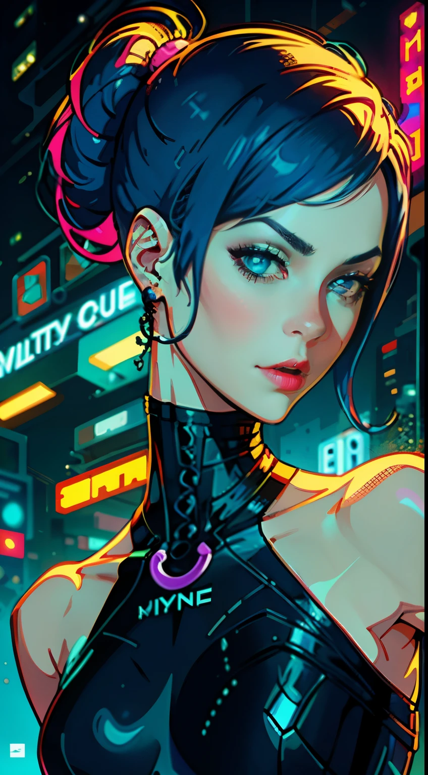 a digital painting of a woman with blue hair, cyberpunk art by Josan Gonzalez, behance contest winner, afrofuturism, synthwave, neon, glowing neon