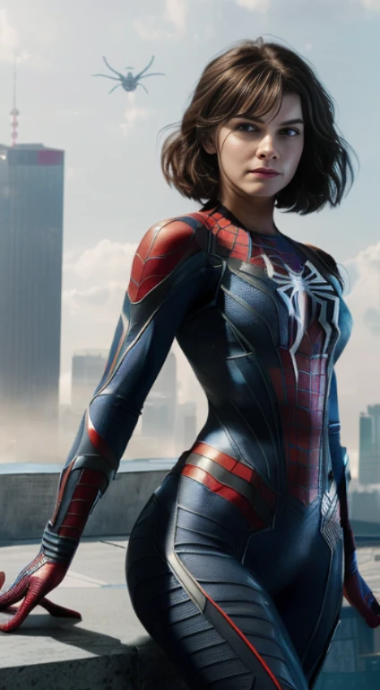 spider - man in a blue suit posing on a ledge with a city cyber in the background, spider woman, ( ( spiderwoman ) ), emma watson as spiderman, spiderwoman!!!!!, spiderwoman!!, mila jovovich as spiderwoman, hq 4k phone wallpaper, medium close - up ( mcu ), futuristic style spiderman, 4 k post, 4k post