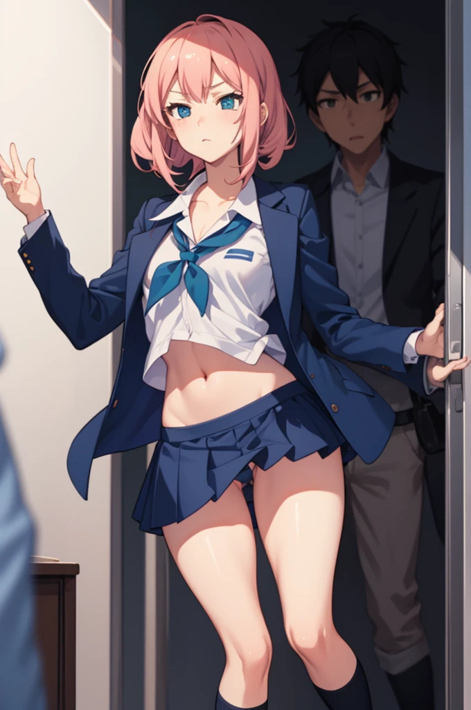 A  girl, Fit short skirt, with school uniform, small top showing her stomach, fit short skirt, fit top, showing her stomach, blashing face one blue