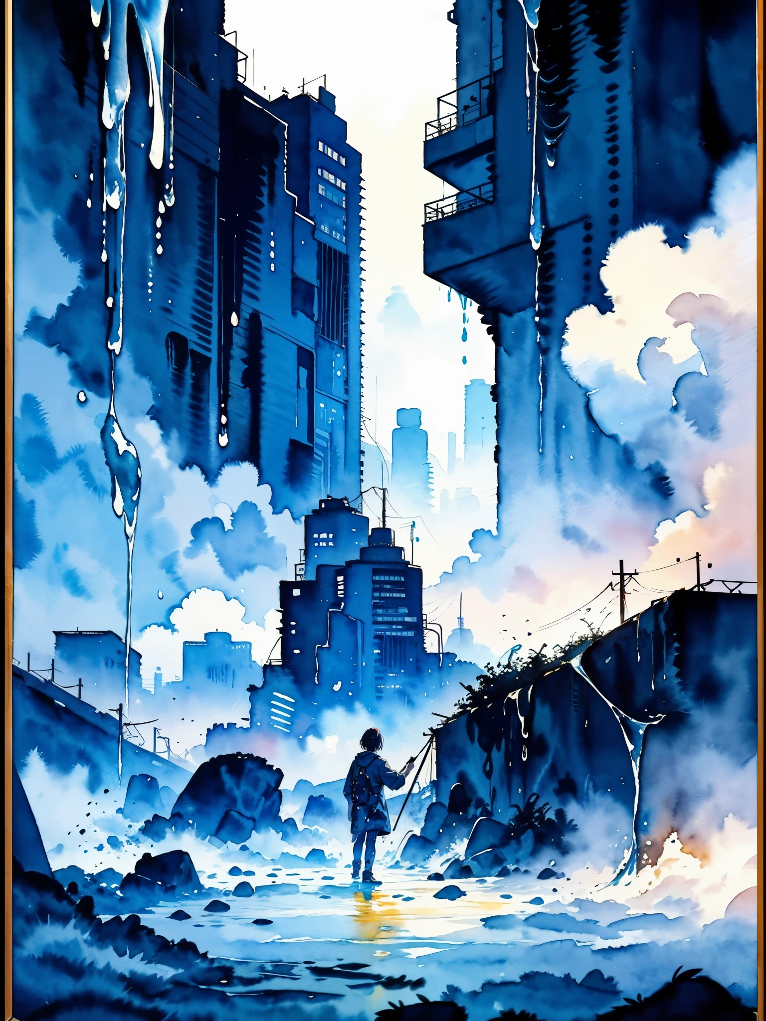 Night, City, skyscrapers, road, mountains, stars, studio ghibli, (watercolor, splash paint, dripping paint, color bleeding, on canvas, textured canvas: 1.5), Anime, high detail, anime, cinematic lighting, motion blur, chromatic aberration, glowing light, ray tracing, reflection light, bloom, drop shadow, UHD, masterpiece, retina, anatomically correct, super detail, high details, high quality, award winning, best quality, highres, 4K