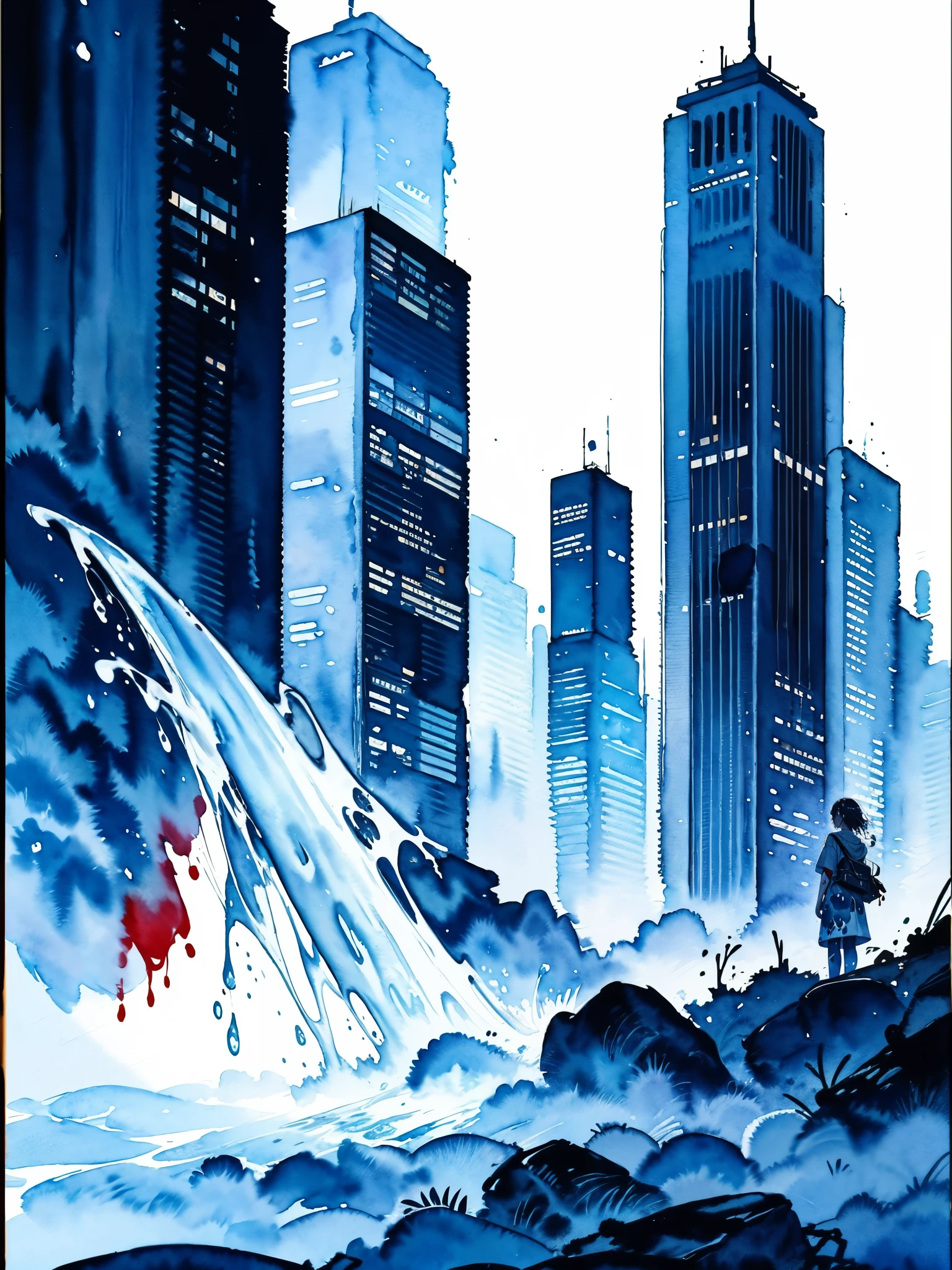 Night, City, skyscrapers, road, mountains, stars, studio ghibli, (watercolor, splash paint, dripping paint, color bleeding, on canvas, textured canvas: 1.5), Anime, high detail, anime, cinematic lighting, motion blur, chromatic aberration, glowing light, ray tracing, reflection light, bloom, drop shadow, UHD, masterpiece, retina, anatomically correct, super detail, high details, high quality, award winning, best quality, highres, 4K