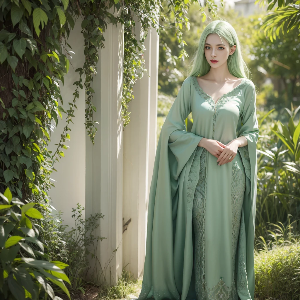 A portrait of a beautiful woman standing in dark, green eyes, pale skin, smooth pale skin, nice face, light green hair, detailed hair, full body super detailed, 8k