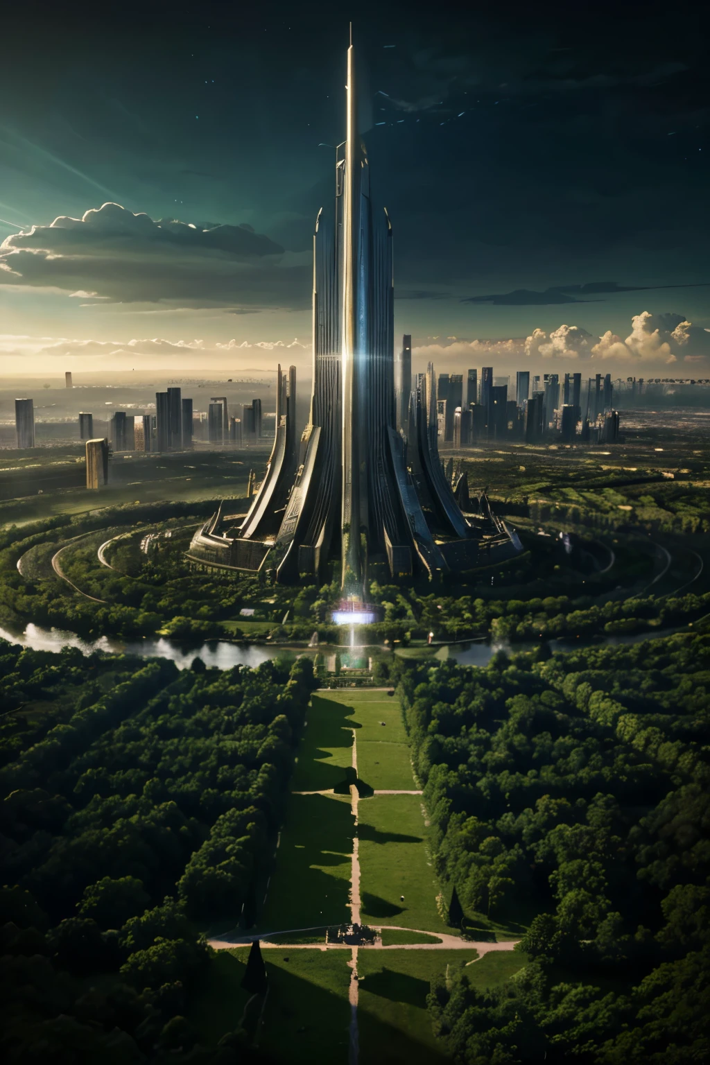 A large building surrounded by trees in a city with a sky background ...