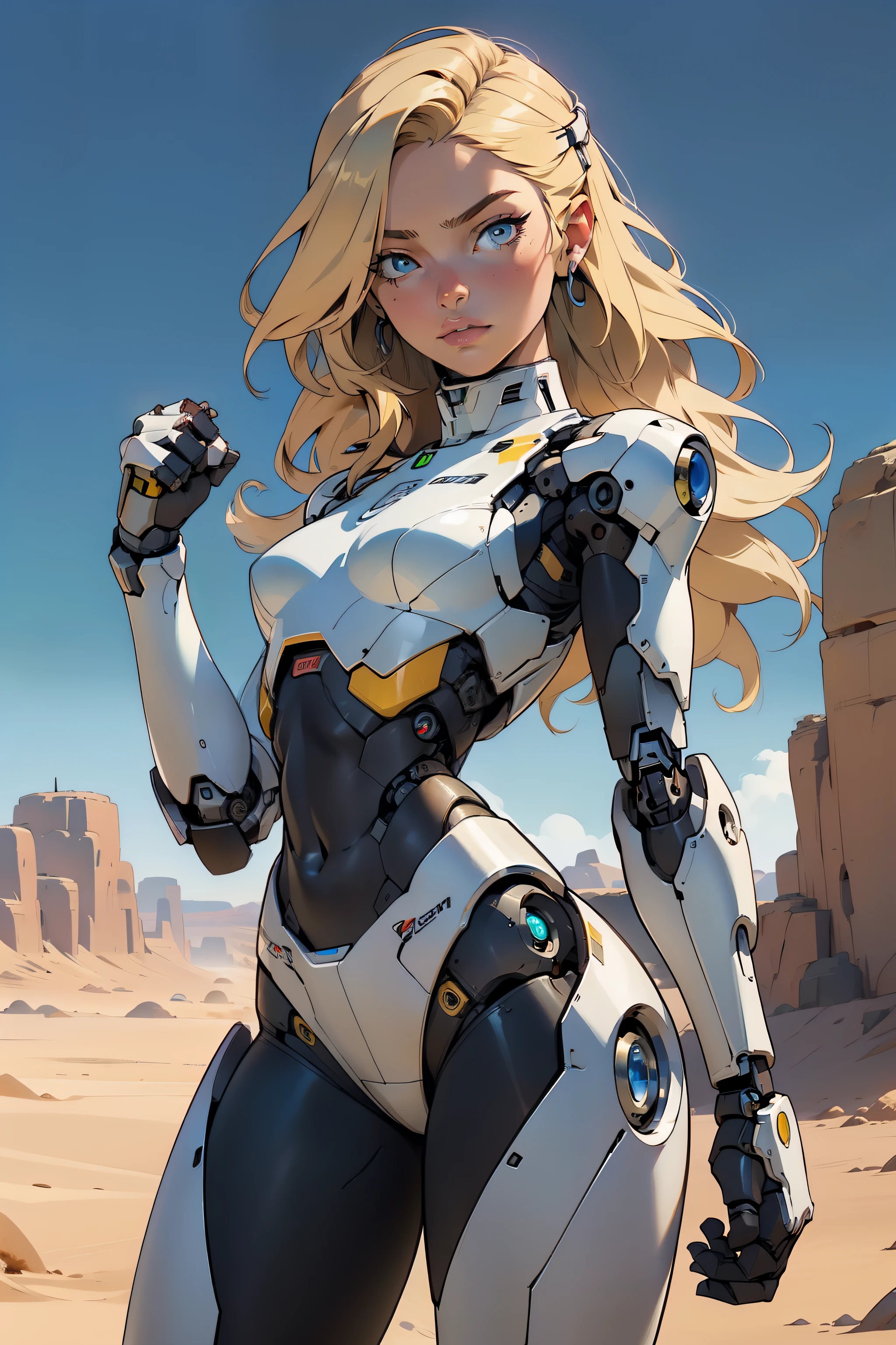 high quality, 4k, masterpiece, beautiful, cyborg girl, cowboy shot, dull eyes, looking at viewer, long blonde hair, girl, small breasts, fit thigh, robotic arms, robotic body, cyborg body, yellow accent, intricate detail, joint, detailed lines, robotic detail, holding fist up, holding hand up as fist, color robotic parts, robotic parts with color, perfect fingers, on a desert planet, sunny background, colorful desert,