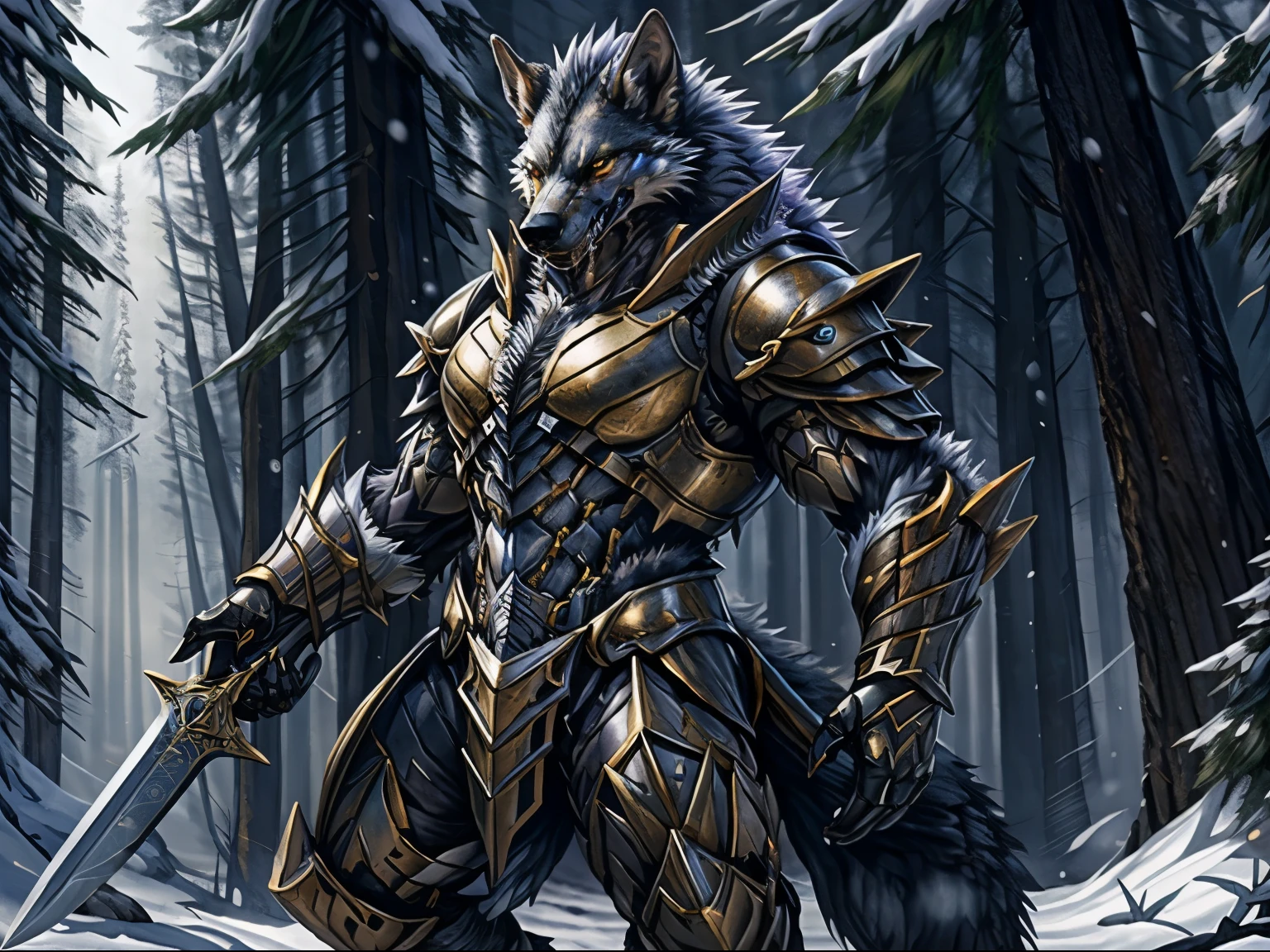 there is a man in armor holding a sword in a snowy forest, wolf armor, husky in shiny armor, wearing intricate fur armor, kitsune inspired armor, furry fantasy art, fantasy card game art, fantasy wolf portrait, warwick saint, fur armor, gnoll, wearing fur armor, epic fantasy card game art, very very beautiful furry art, portrait of a gnoll