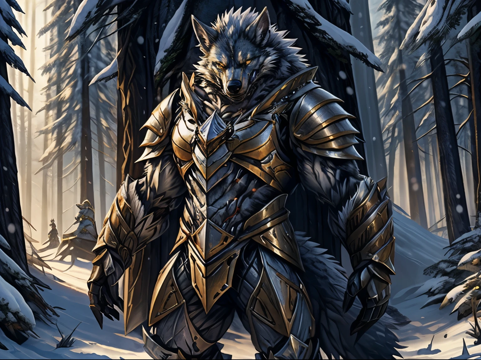 there is a man in armor holding a sword in a snowy forest, wolf armor, husky in shiny armor, wearing intricate fur armor, kitsune inspired armor, furry fantasy art, fantasy card game art, fantasy wolf portrait, warwick saint, fur armor, gnoll, wearing fur armor, epic fantasy card game art, very very beautiful furry art, portrait of a gnoll