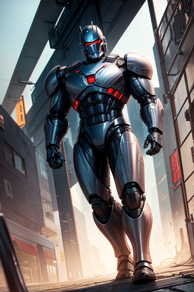 Produce an image with maximum quality and cinematic style that recreates the iconic RoboCop character in a vintage and nostalgic approach. Portray RoboCop in his classic armor