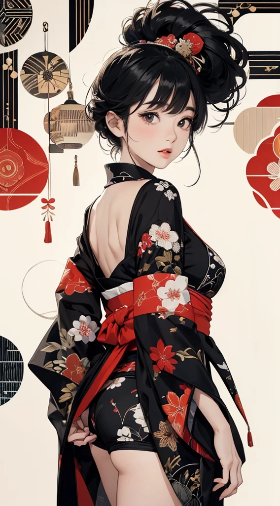 ((8k wallpaper of extremely detailed CG unit, masterpiece, hight resolution, top-quality, top-qualityのリアルテクスチャスキン)), ((a very beautiful woman, Seductive facial expressions, Plump lips, Posing like a model:1.5, The upper part of the body, Japanese pattern haori, Japanese pattern micro mini shorts)), (messy black hair, de pele branca, Small), ((Colorful background with geometric patterns, Japanese pattern background, Chill, white backgrounid)), Sumi-e, hyper realisitic, digitial painting, concept-art,