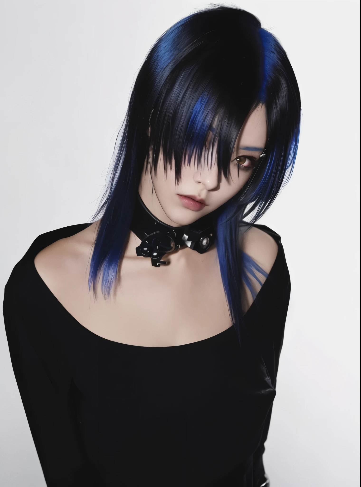 arafed woman aux cheveux bleus and black top posing for a picture, Sui Ishida aux cheveux noirs, 1 7 - year - old anime goth girl, 1 7 ans - fille gothique, aux cheveux bleus, black hime cut hair, dark blue hair, Fille cyberpunk aux cheveux noirs de jais, cruel korean goth girl, girl aux cheveux bleus, Coupe de cheveux teinte Cyberpunk