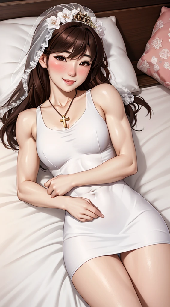 attractive korean woman, ripped muscle, muscular body, small breast, pale skin, smile(blush), bride dress, cross pendant, sixpack abs, [ultra detailed skin:1.2], brown hair, messy hair, 8k uhd, lying on bed,