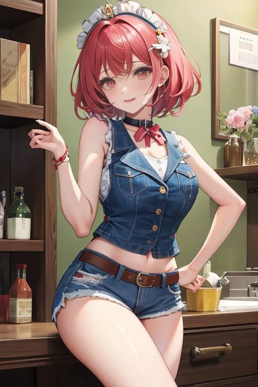 tmasterpiece、Need、1 female student、short detailed hair、Shoulder leakage、The chest is large、chubbiness、ssmile、pale pink lip、posing on a，legs are open， 独奏,denim short， denim vest，looking at viewert,  (Thigh thick:1.0),Yazawa Nico,red eyes, face flushed,Blunt hair,both hands on hip，[Wide buttock]，greet，Flower headdress，
