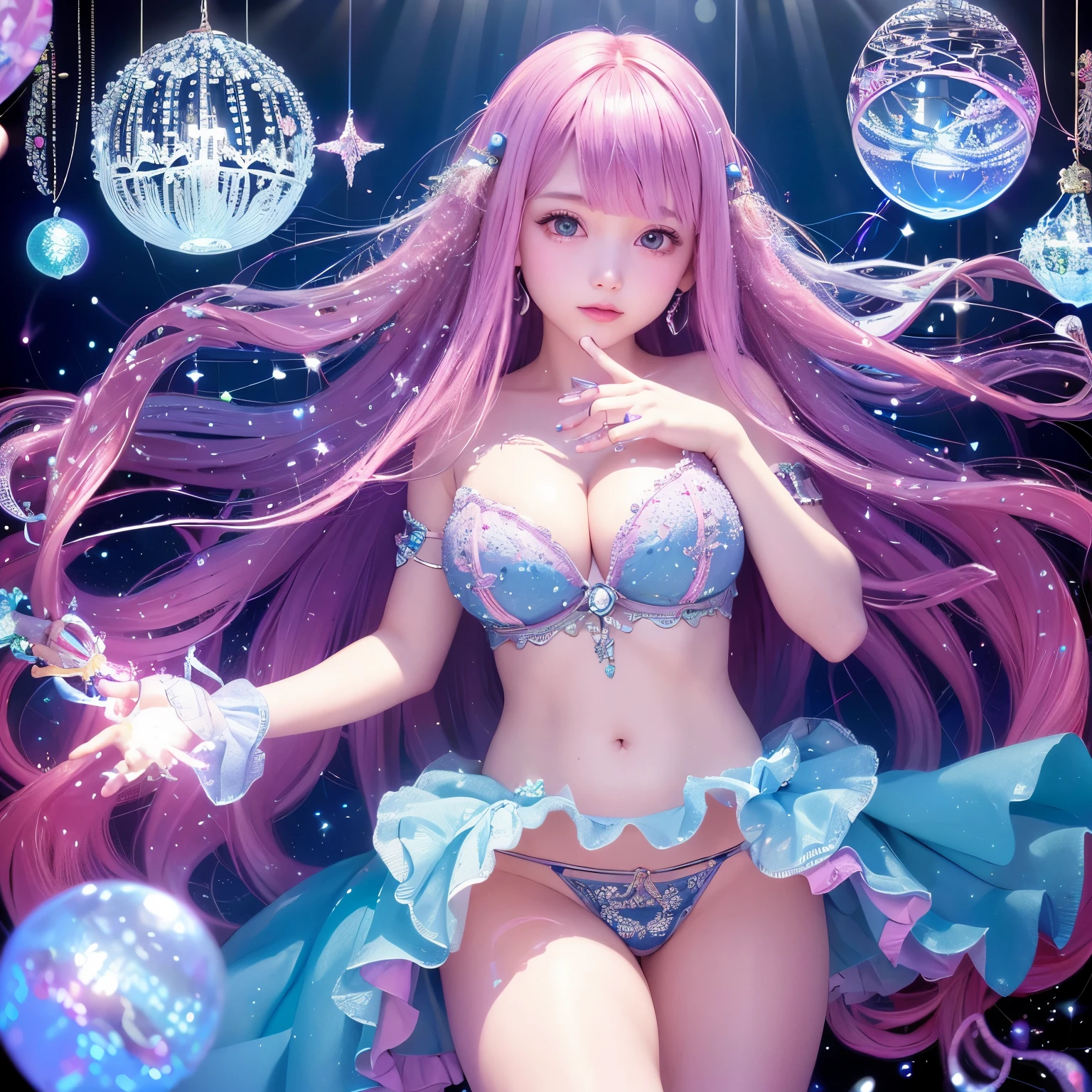 The upper part of the body、one girls、I have dark blue hair color、Two-tone、(Pink Highlight Hair、curlyhair、Jewel design tiary big breasts、seminude、Only panties、Sparkling jewel lace decoration on the body、Countless glowing spheres float、Glowing soap bubbles、shining chandelier、underwater where fish swim、Glowing jellyfish、Looking at the camera