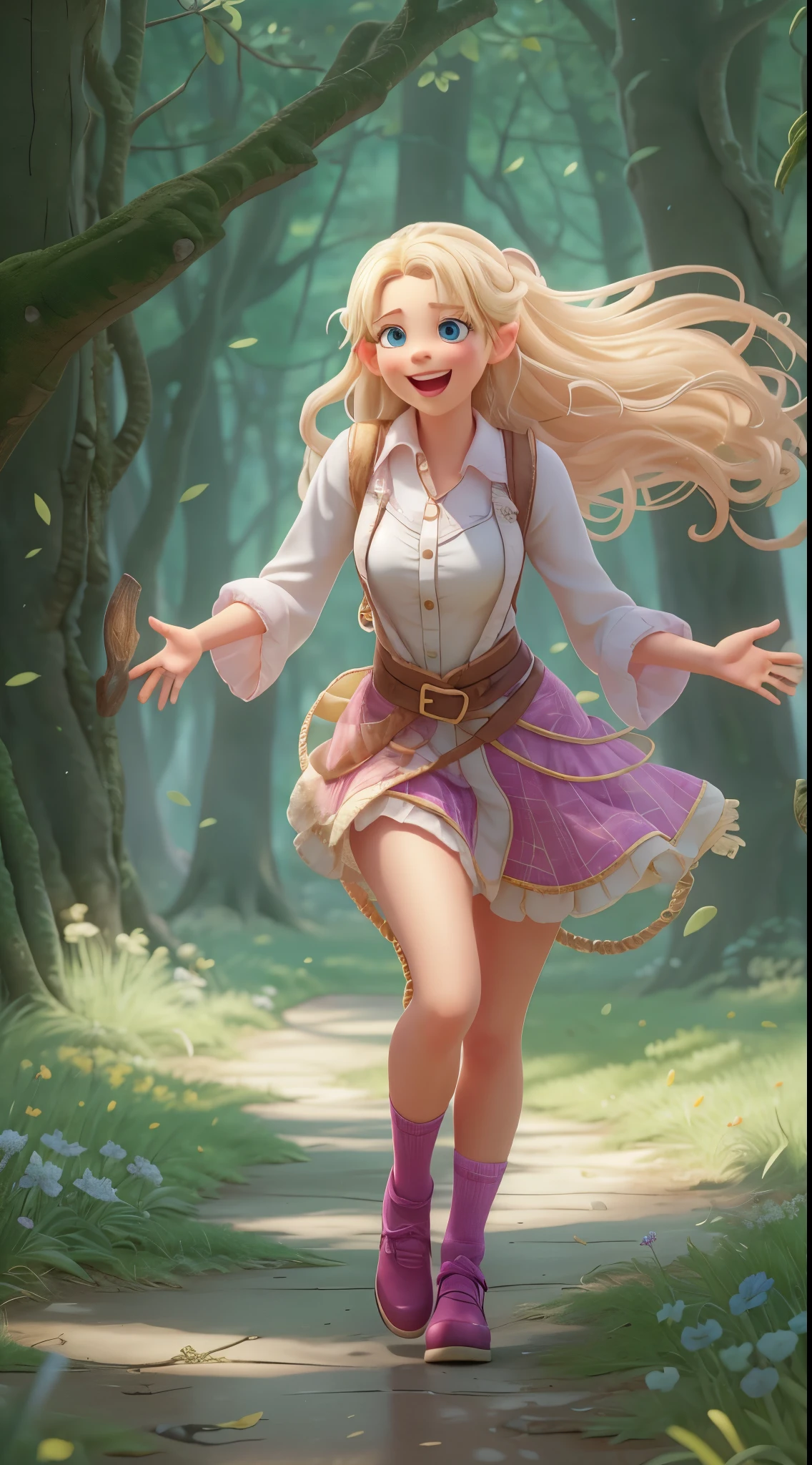 A full body image down to the feet of a young woman with tall elf ears, and with glowing crystal pink eyes. Mouth open in joy. She is wearing cute shoes that match her skirt. Approaching the camera with a steady gait. Pale skin. Both arms extended wide open as she prepares to deliver a huge hug. Long and voluminous flowing hair. Blond hair. Bold lines. Lovely and bright magical forest