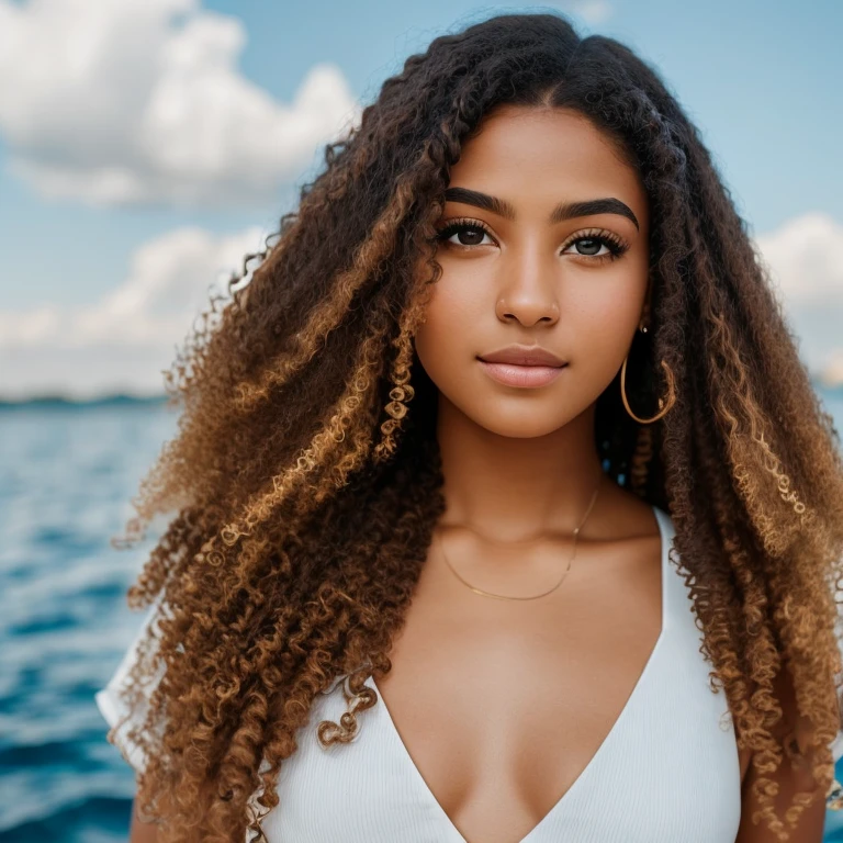 Masterpiece. Best quality, brown-skinned young woman with green eyes and curly hair posing for a picture, soft portrait shot 8 k, beautiful young girl, beautiful image, photo of a beautiful woman, perfect face and eyes, on a yacht, yacht party, beautiful young woman, beautiful photo, beautiful model girl, extremely beautiful face, very beautiful young woman, beautiful girl model, beautiful lighting 8k uhd, dslr, high quality, film grain, fujifilm xt3