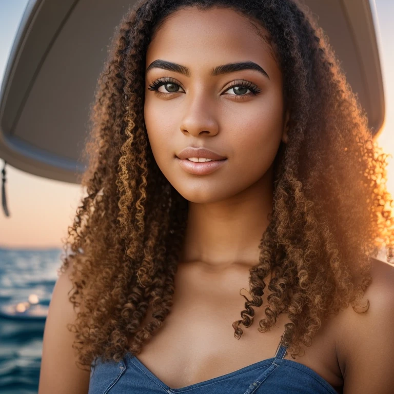 Masterpiece. Best quality, brown-skinned young woman with green eyes and curly hair posing for a picture, soft portrait shot 8 k, beautiful young girl, beautiful image, photo of a beautiful woman, perfect face and eyes, on a yacht, yacht party, beautiful young woman, beautiful photo, beautiful model girl, extremely beautiful face, very beautiful young woman, beautiful girl model, beautiful lighting 8k uhd, dslr, high quality, film grain, fujifilm xt3