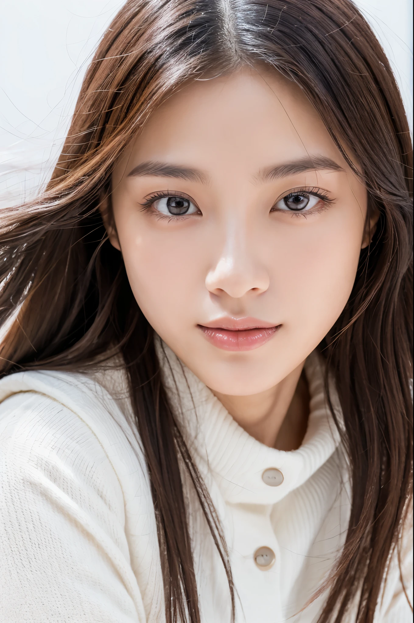 Young japanese lady, 30s, White background, It features a simple背景, white-brown hair, slender, 4K, in 8K, High quality, Beauty, Beautiful eyes, It features a simple, High resolution,1 person,Beautiful skins,Beautiful skin,wearing a white knit,Winters,lipsticks