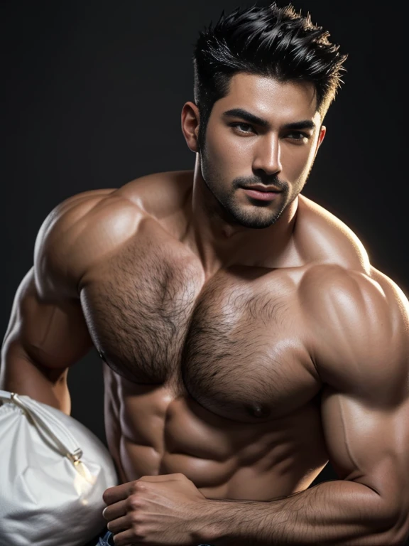 8K,(8K分辨率),Muscular blacks, cool guy,Sexy, bright and charming eyes,Melancholy Look,Dark skin, Smooth and shiny,chest muscle,chest hair body hair,Raised big breastarechested,Naked,茂密的chest hair body hair, white colorig bag raised and visible,best qualtiy,profesional lighting,professional photoshooting,Real photos,realistic model,photorealistic art