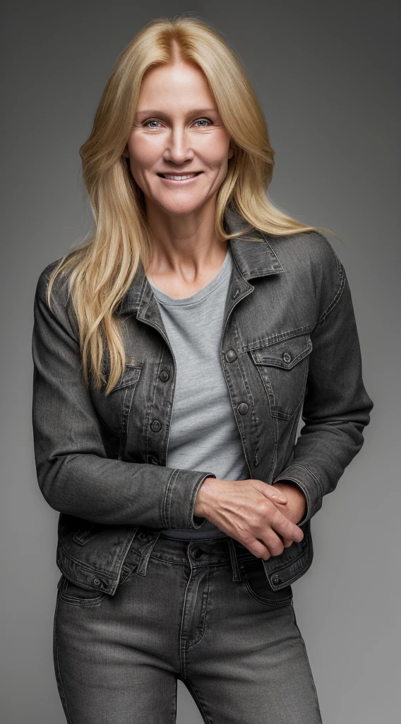 blond woman with a gray shirt and a black jacket smiling, wearing jeans and boots, butch lesbian, rough features, this person does not exist, rugged features, 40 years old, elizabeth erickson-johannen voss-celine dion-joely richardson-laura dern-annette o'toole merged, entire body visible, full body, hyperrealistic, best quality, 8K, masterpiece, extremely intricate, detailed eyes, detailed face, detailed body, exaggerated features, pronounced features, fujifilm