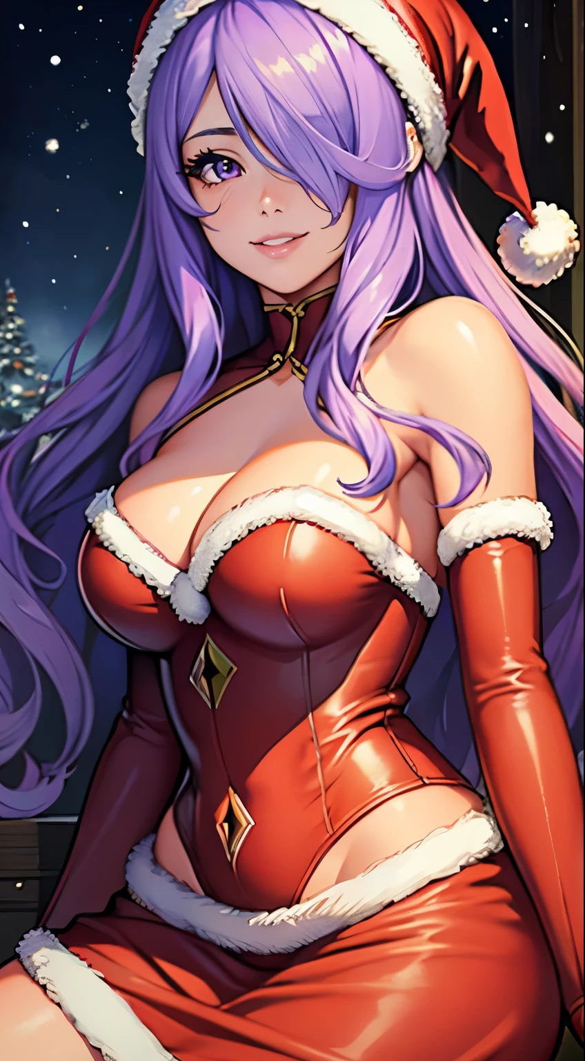 1girl, solo, masterpiece, best quality, high res, highly detailed, (illustration), beautiful detailed eyes, defCamilla, ,glossy lips, light makeup, smile, long white satin elbow gloves ,cowboy shot, (santa), red santa dress, full body