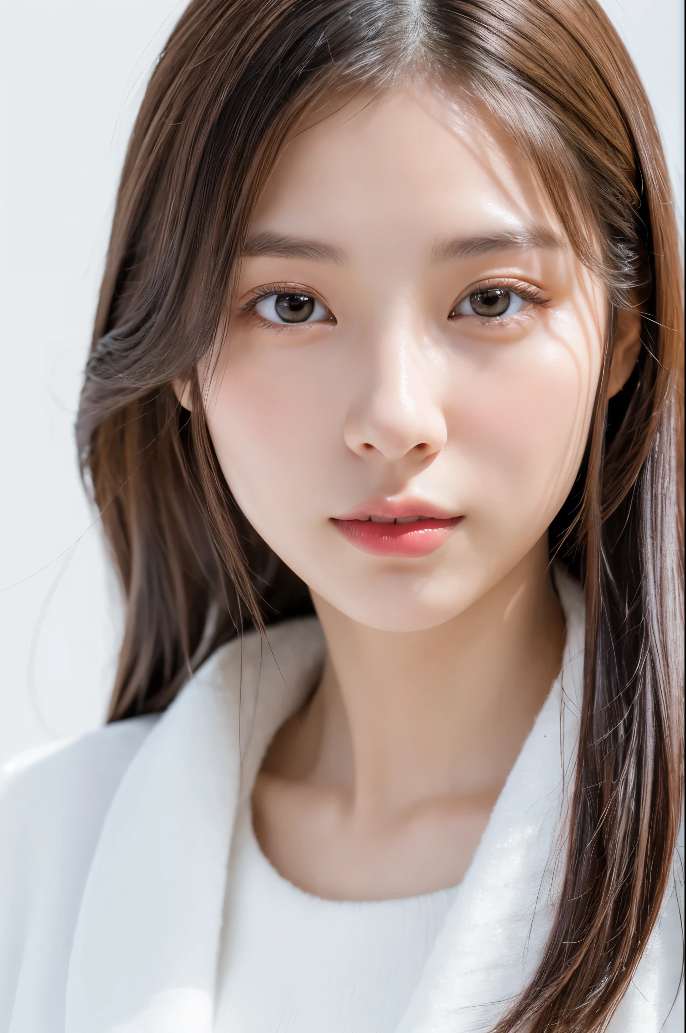 Young japanese lady, 30s, White background, It features a simple背景, white-brown hair, slender, 4K, in 8K, High quality, Beauty, Beautiful eyes, It features a simple, High resolution,1 person,Beautiful skins,Beautiful skin,wearing a white knit,Winters,lipsticks