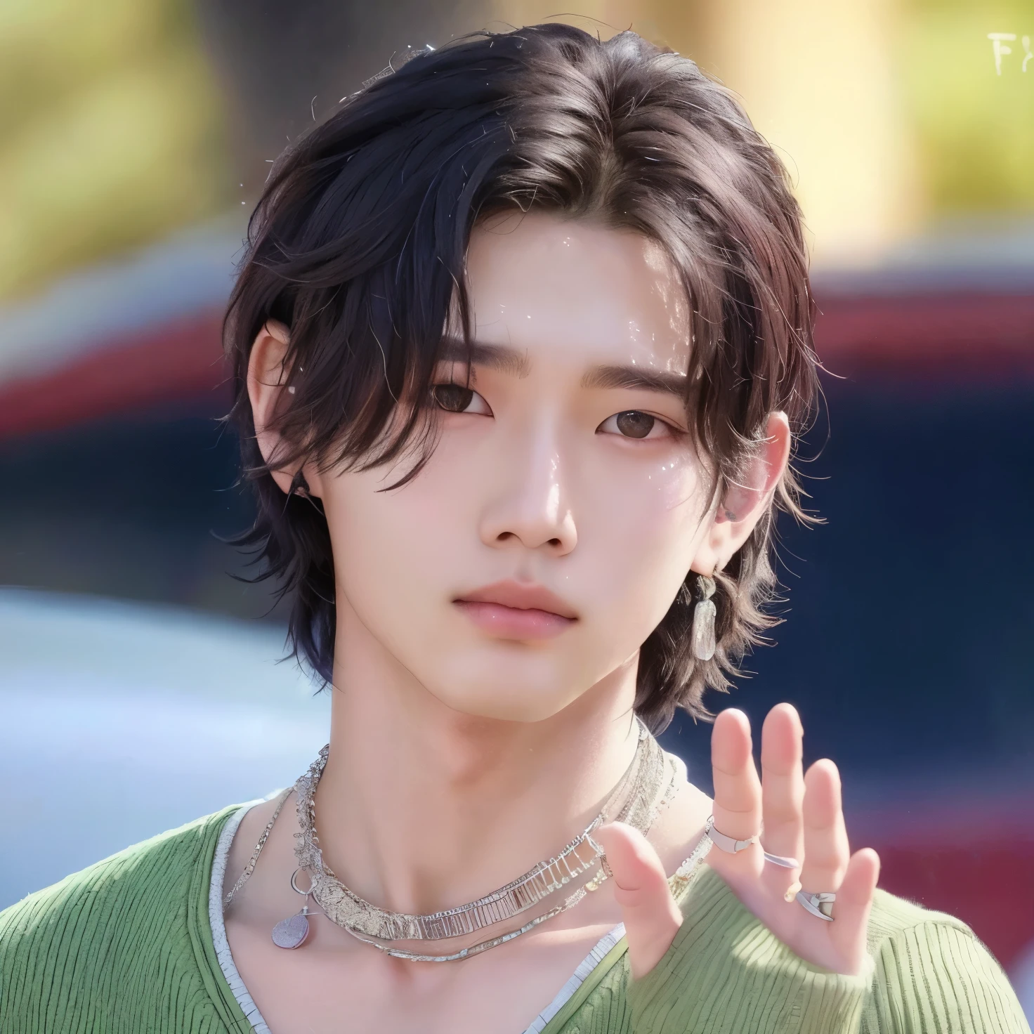 a closeup of a person with a necklace in a car, Cai Xukun, Jung Jaehyun, Kim Doyoung, Wan adorable cara coreana, beautiful androgynous prince, delicate androgynous prince, Jinyoung Shin, Yanjun Chengt, Taejune Kim, con el mismo peinado, Hyung Tae, con el pelo corto, Ulzzang masculino, Wonbin Lee