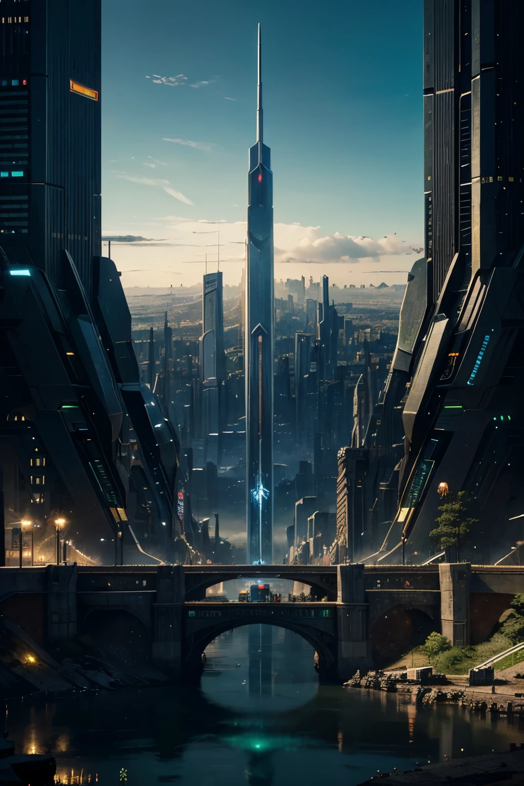 best quality, masterpiece, A neo dystopian city that covers the planet, based off of Midgaurd, home of the humans, connected to Asgard by the Bifrost bridge, ensircled by Jormungand the world serpent.