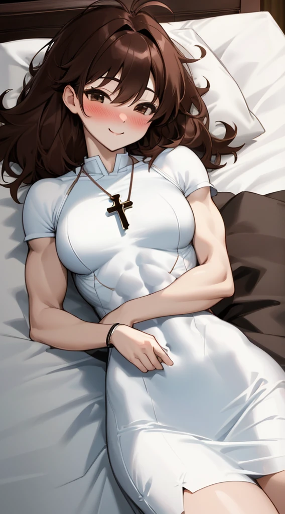 attractive korean woman, ripped muscle, muscular body, small breast, pale skin, smile(blush), bride dress, cross pendant, sixpack abs, [ultra detailed skin:1.2], brown hair, messy hair, 8k uhd, lying on bed,
