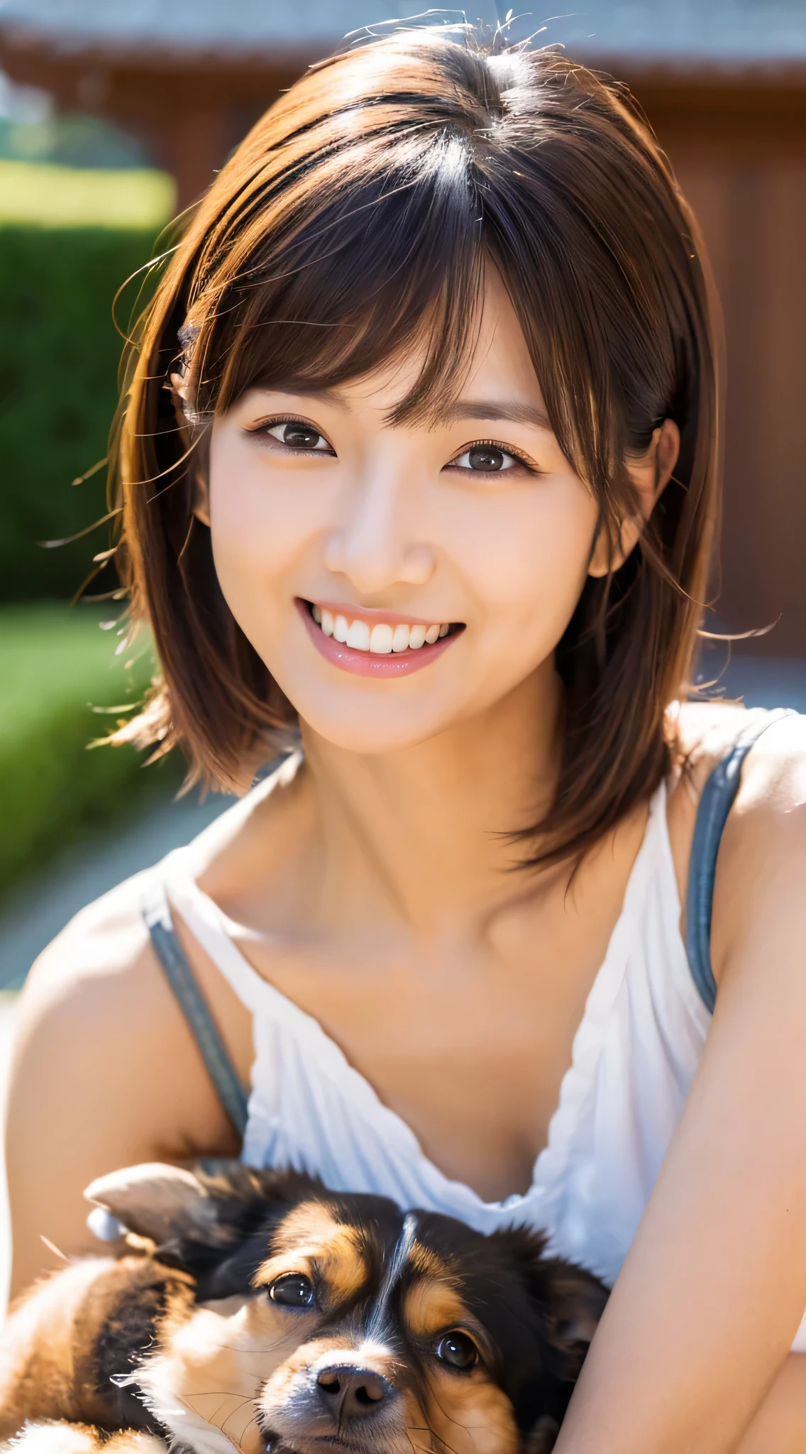 Highest resolution, 4K, Masterpiece: 1.3), A Japanese milf, photo of one lady, Sexy: 1.1, fine eyes, Slender figure, Realistic teeth, smile, double eyelids, full body, best quality, detailed, beauty, hug a small dog