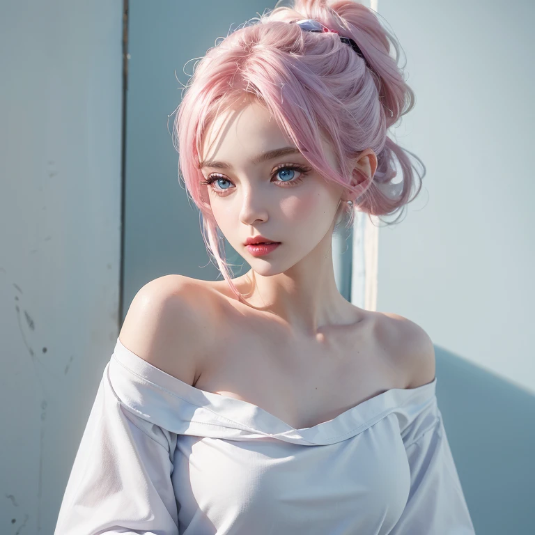 Super quality, (8K, RAW photogr, actual), Detailed and delicate depictions and gorgeous and dynamic painting techniques, very beautiful woman, Annoying sexy expression, Shining blue eyes, elongated, Sam, proporções perfeitas, full bodyesbian女同性恋, Redlip, Wearing a white off-shoulder T-shirt, white-shoulder shirt, White messy high ponytail, Color graffiti wall background,Professional flare lighting,street frontage,Hair tied with pink knots on both sideull bodyesbian