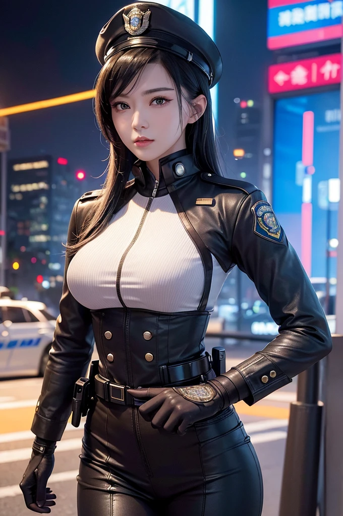 Highest image quality，excellent details，超A high resolution，Police of the future，She wears a futuristic SWAT uniform，She was standing in front of a police car，so sexy，Robust body，Sexy and durable，Detailed abs，Detailed muscle lines，dynamicposes，the night，Futuristic city street view background，neon light，sense of science and technology，FutureTech，Highly detailed cyberpunk style，Cyberpunk Personality，Highly detailed policeの制服，Highly detailed policeの帽子，Highly detailed police，Highly detailed policeバッジ，Highly detailed armband，Highly detailed policeストリップ，Highly detailed epaulettes，Wear a police hat，Highly detailed electric baton，Highly detailed guns，Guns of the future，intercom，Wireless Devices，Highly detailed handcuffs，Highly detailed police装備，Highly detailed police car，Police car of the future，frontage，Full body photo，Look from the bottom up，look from down, looking at viewert，mechs