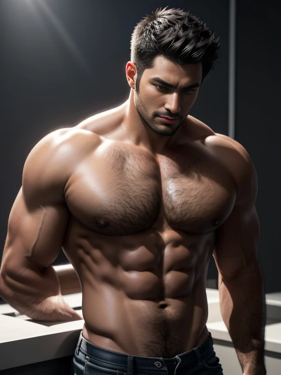 8K,(8K分辨率),Muscular blacks, cool guy,Sexy, bright and charming eyes,Melancholy Look,Dark skin, Smooth and shiny,chest muscle,chest hair body hair,Raised big breastarechested,Naked,茂密的chest hair body hair, white colorig bag raised and visible,Bad laughest qualtiy,profesional lighting,professional photoshooting,Real photos,realistic model,photorealistic art