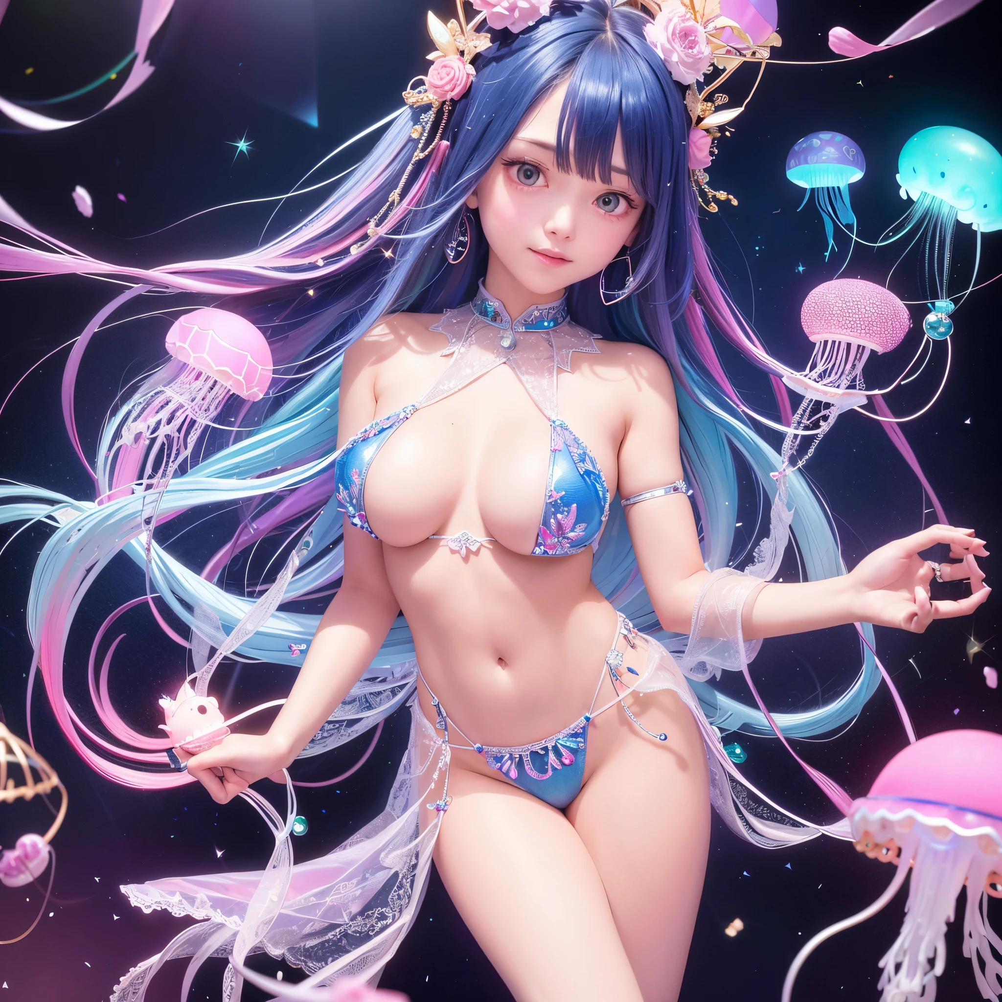 The upper part of the body、one girls、I have dark blue hair color、Two-tone、(Pink Highlight Hair、curlyhair、Jewel design tiary big breasts、Hide only the nipples with jewelry-designed accessories、seminude、Only panties、Sparkling jewel lace decoration on the body、Countless glowing spheres float、Glowing soap bubbles、shining chandelier、underwater where fish swim、Glowing jellyfish、Looking at the camera
