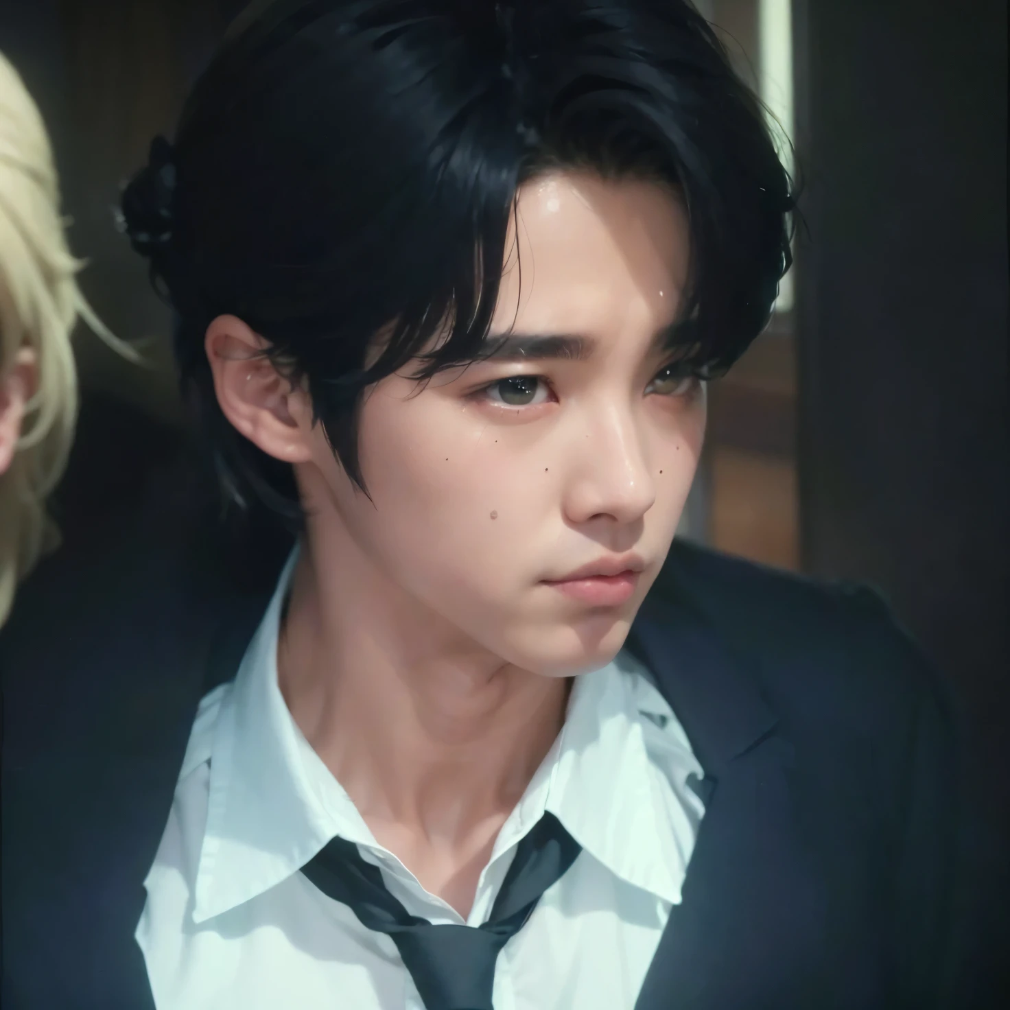 Hombre arafed con corbata, camisa blanca y chaqueta negra., Kim Doyoung, Jung Jaehyun, Jinyoung Shin, Mirada seria y triste en sus ojos, Blade de Drain Gang, Taejune Kim, wry smirk, JIA, Es muy amenazante y malvado, Jimin\swollen right eyelid, luciendo confundido