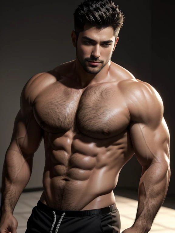8K,(8K分辨率),Muscular blacks, cool guy,Sexy, bright and charming eyes,Melancholy Look,Dark skin, Smooth and shiny,chest muscle,chest hair body hair,Raised big breastarechested,Naked,茂密的chest hair body hair, white colorig bag raised and visible,Bad laughest qualtiy,profesional lighting,professional photoshooting,Real photos,realistic model,photorealistic art