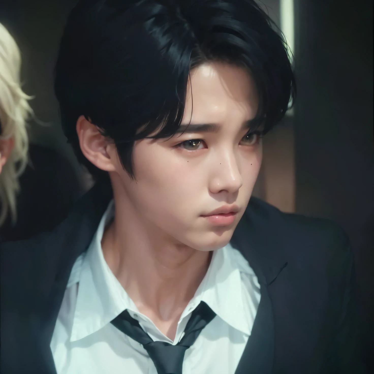 Hombre arafed con corbata, camisa blanca y chaqueta negra., Kim Doyoung, Jung Jaehyun, Jinyoung Shin, Mirada seria y triste en sus ojos, Blade de Drain Gang, Taejune Kim, wry smirk, JIA, Es muy amenazante y malvado, Jimin\swollen right eyelid, luciendo confundido