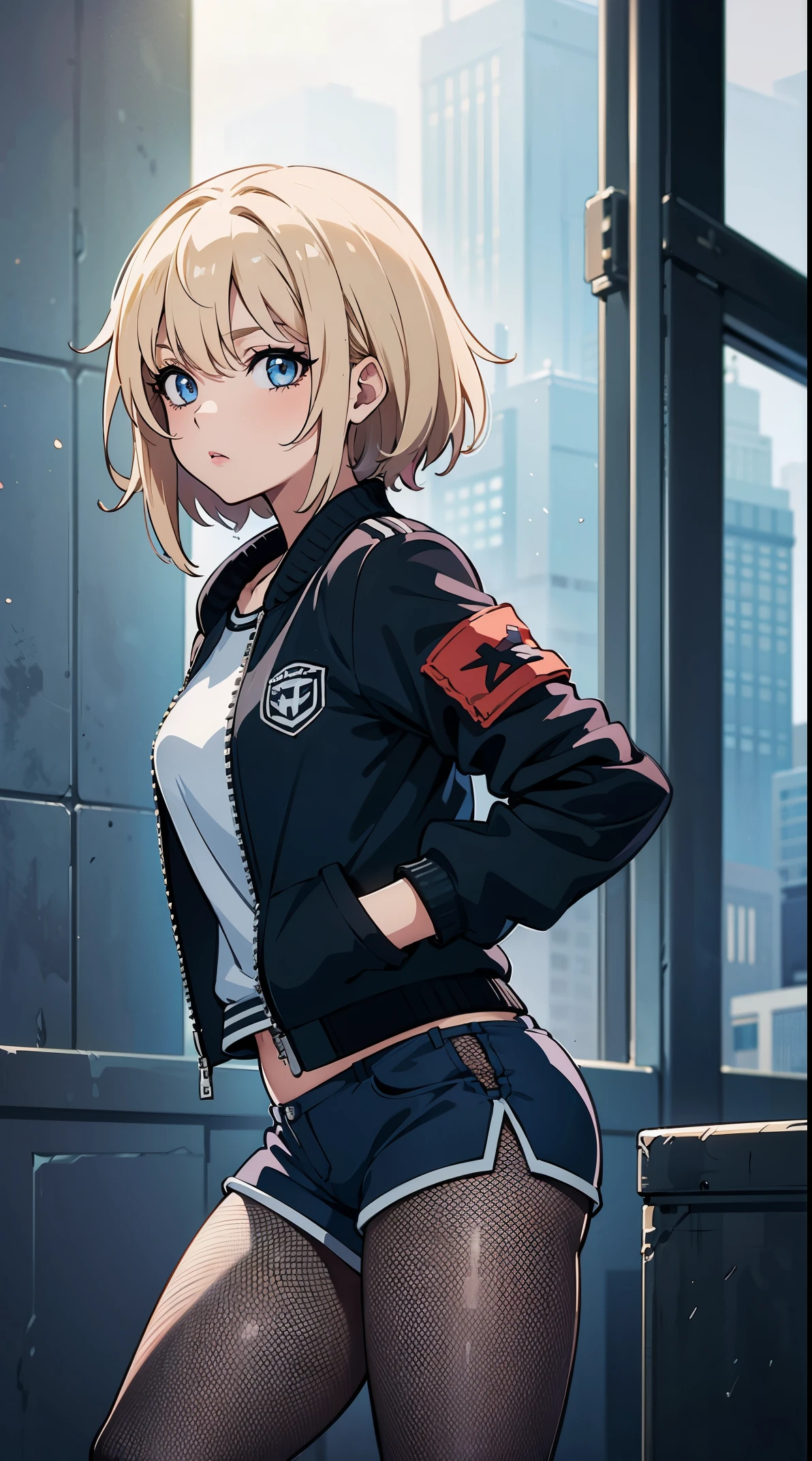 (masterpiece), best quality, soft lighting, 1girl, (detailed eyes:1.3), (1girl),  anime, illustration, (wearing mesh:1.4), (ripped shorts), (wearing fishnet tights), (wearing a bomber jacket)