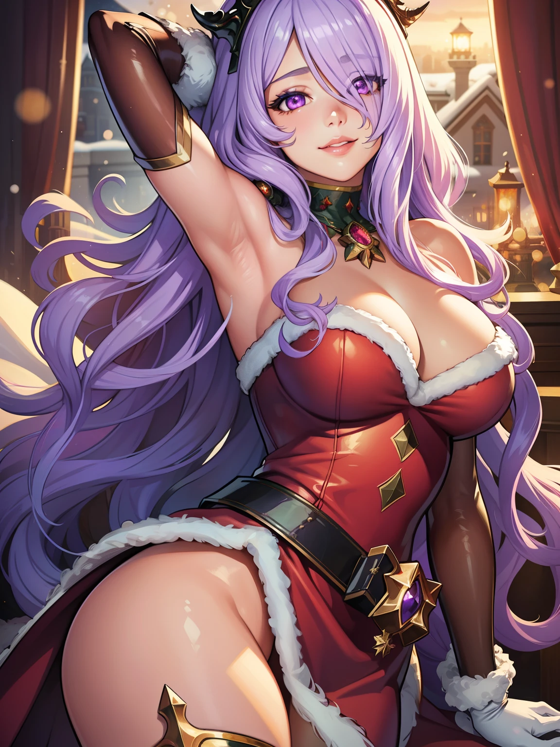 1girl, solo, masterpiece, best quality, high res, highly detailed, (illustration), beautiful detailed eyes, defCamilla, purple hair, hair over face ,glossy lips, light makeup, warm smile, long white satin elbow gloves ,cowboy shot, (santa), red santa dress, full body, elbow white gloves, long white gloves