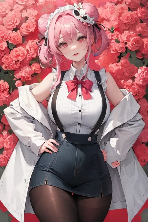 tmasterpiece、Need、1 female student、White cloth bun bun bun、Shoulder leakage、The chest is large、chubbiness、ssmile、Black suspender tights、lace leggings、pale pink lip、posing at school,legs are open, 独奏,Denim dress looking at the viewer, (Thigh thick:1.0),Yazawa Nico,red eyes, face flushed,Blunt hair,both hands on hip,greet,Flower headdress,Large scissors