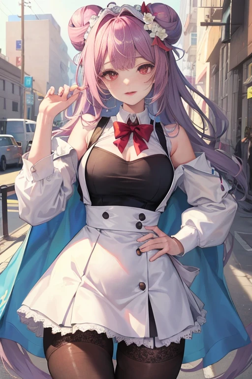 tmasterpiece、Need、1 female student、White cloth bun bun bun、Shoulder leakage、The chest is large、chubbiness、ssmile、Black suspender tights、lace leggings、pale pink lip、posing at school,legs are open, 独奏,Denim dress looking at the viewer, (Thigh thick:1.0),Yazawa Nico,red eyes, face flushed,Blunt hair,both hands on hip,greet,Flower headdress,Large scissors