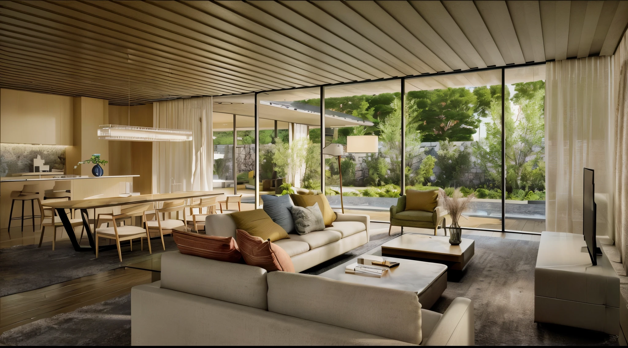 there is a living room with a couch, chairs, table and a television, award-winning render, a photorealistic rendering, architectural rendering, realistic physical rendering, high-quality render, beautifully detailed render, architectural render, rendered in corona, highly detailed render, architectural visualisation, insanely detailed rendering, archviz, detailed archviz render, an award winning digital render