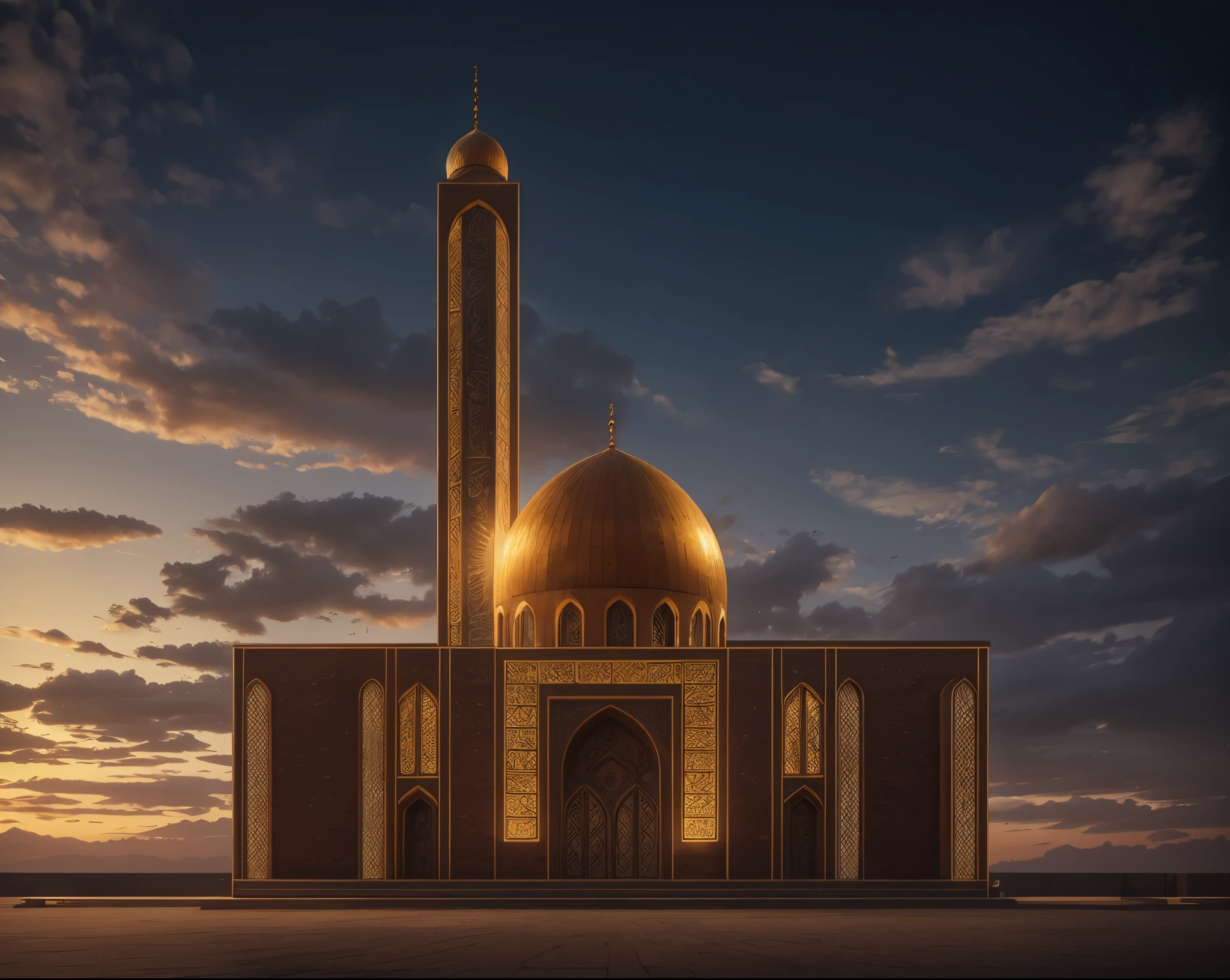 photorealistic,mosque with round arches, islamic arches,,high detailed,128k,golden Travertine stone facade, extreme details, hd details, insane detailed octane render, award winning, masterpiece,