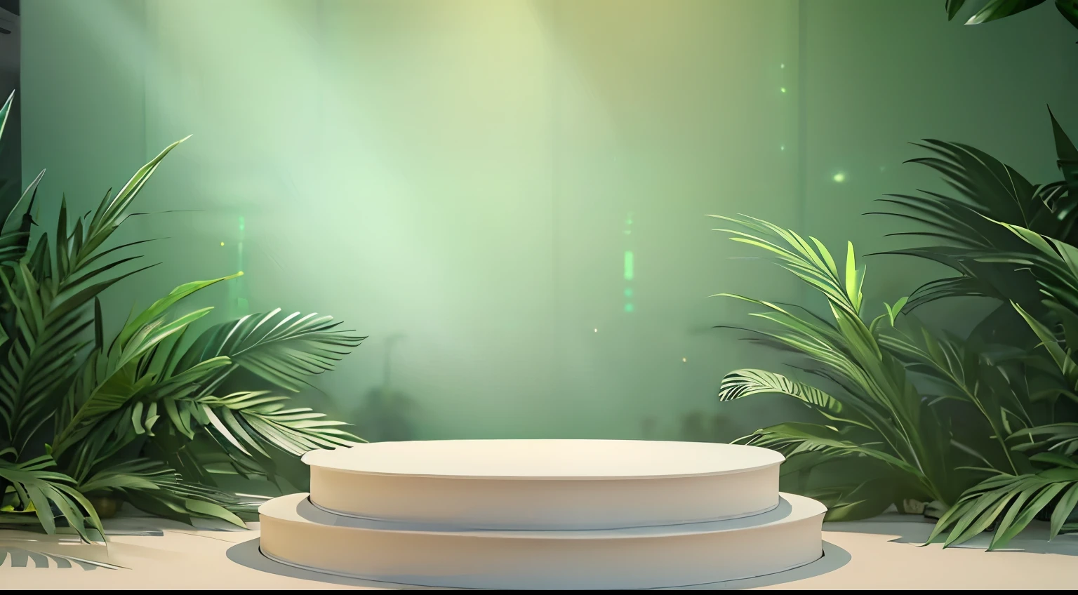 Close-up of white platform with plants in the background, soft green light, Stage background, E-commerce background，ren，The background is pure